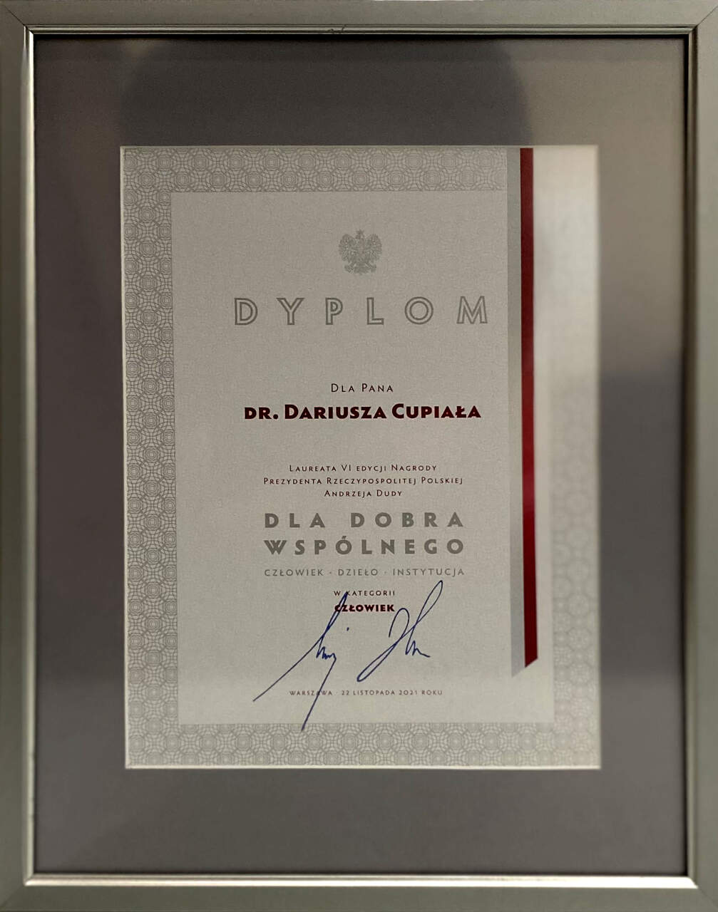 DYPLOM Dla Pana DR. DARIUSZA CUPIAŁA